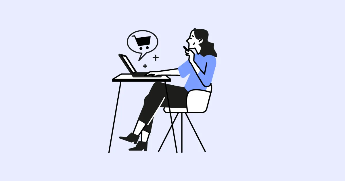 Illustration of a woman at a laptop thinking about a shopping cart
