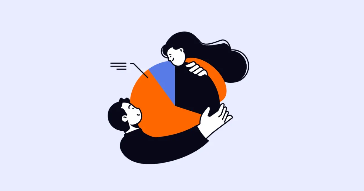 Illustration of a man and a woman holding a large pie chart between them