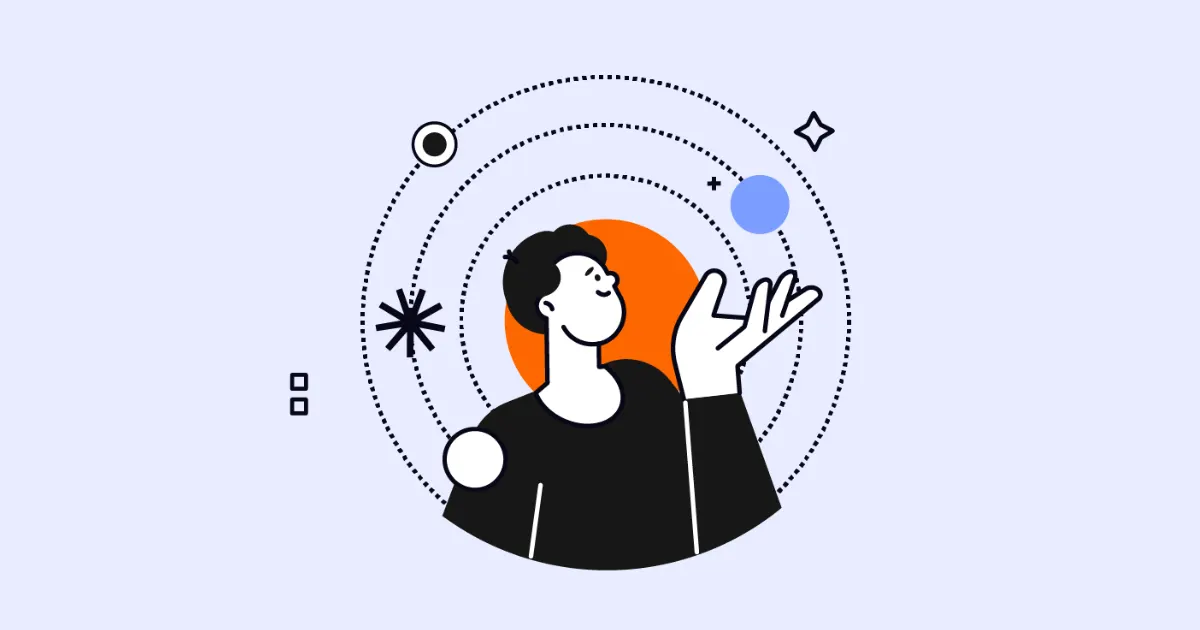 Illustration of a smiling person gesturing upward, surrounded by dotted orbit rings