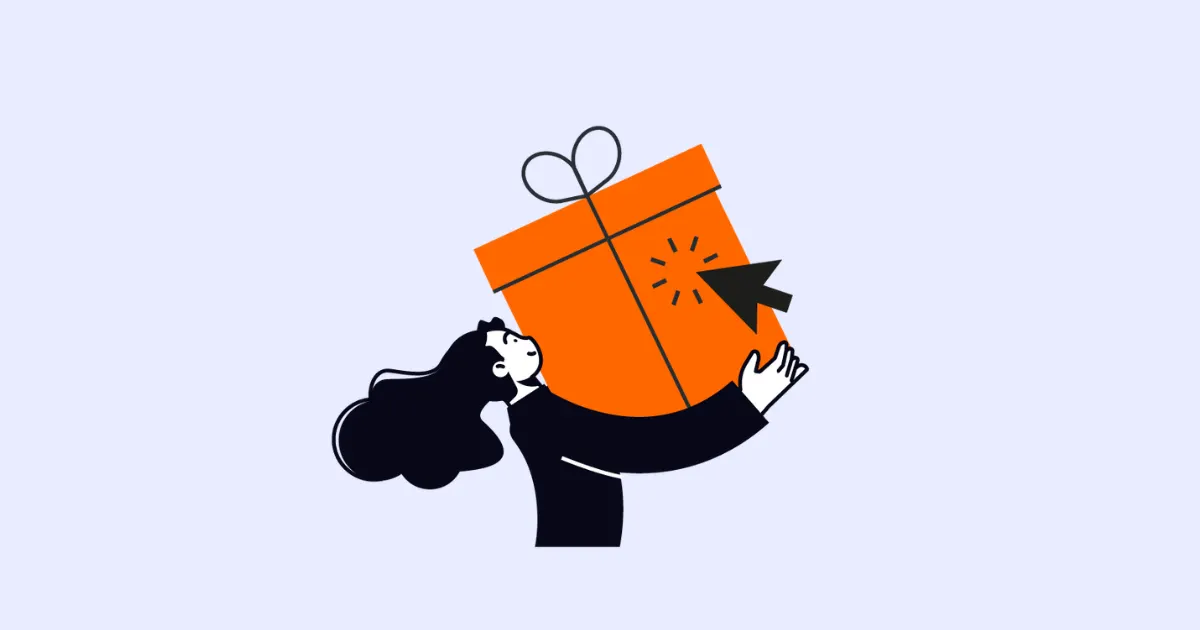 Illustration of a woman carrying a large orange gift box marked with a click cursor