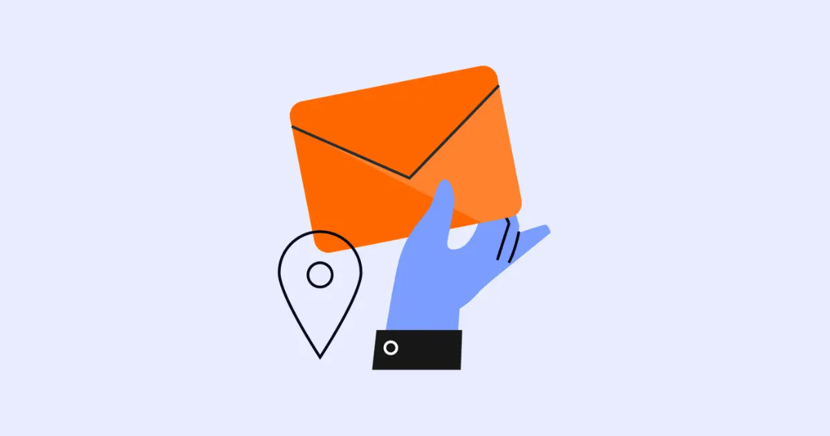 Illustration of a hand holding an orange envelope beside a map location pin