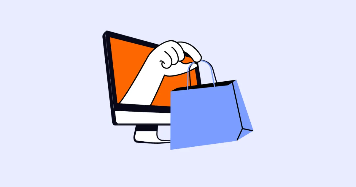 Illustration of a hand reaching out of a computer screen holding a shopping bag