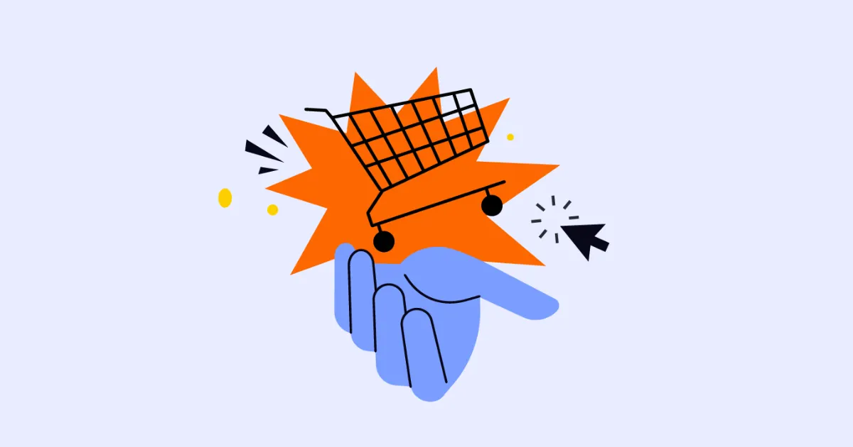 Illustration of a hand holding a shopping cart on an orange starburst beside a cursor