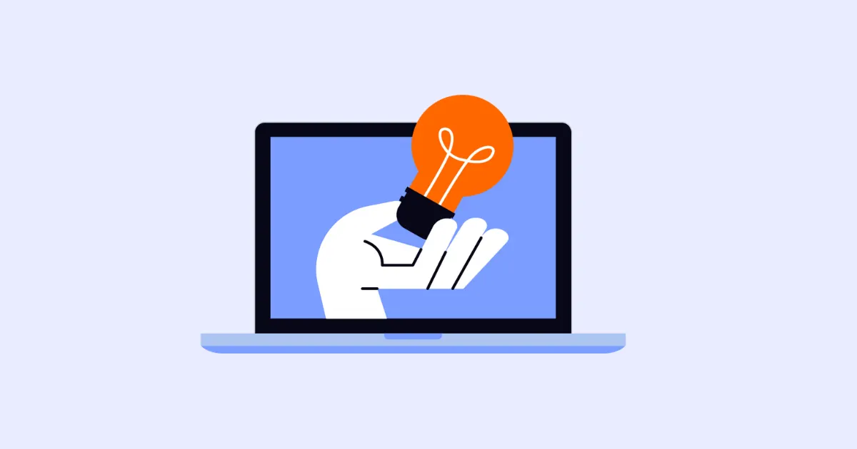 Illustration of a hand holding an orange lightbulb reaching out of a laptop screen