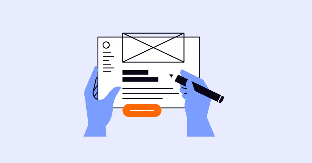 Illustration of two hands holding a webpage wireframe and a pen