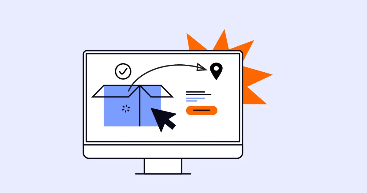 Illustration of a desktop monitor showing a parcel, location pin, button and cursor arrow