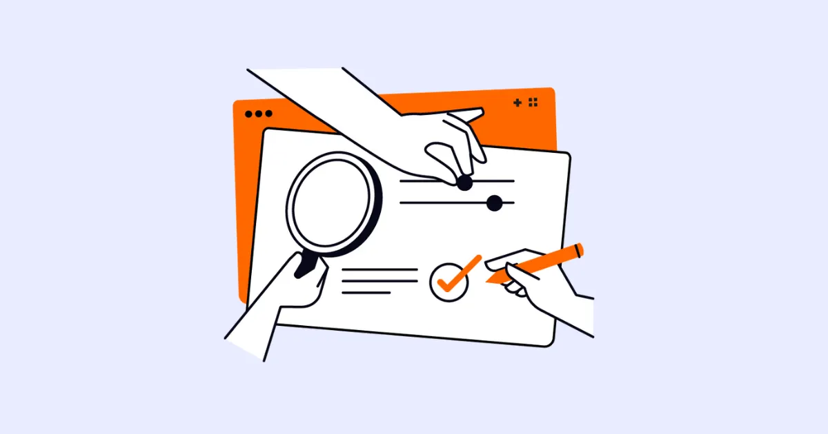 Illustration of hands reviewing a web page with a magnifying glass, sliders and a tick
