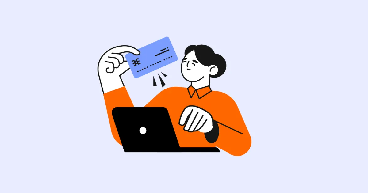 Illustration of a man at a laptop holding up a credit card