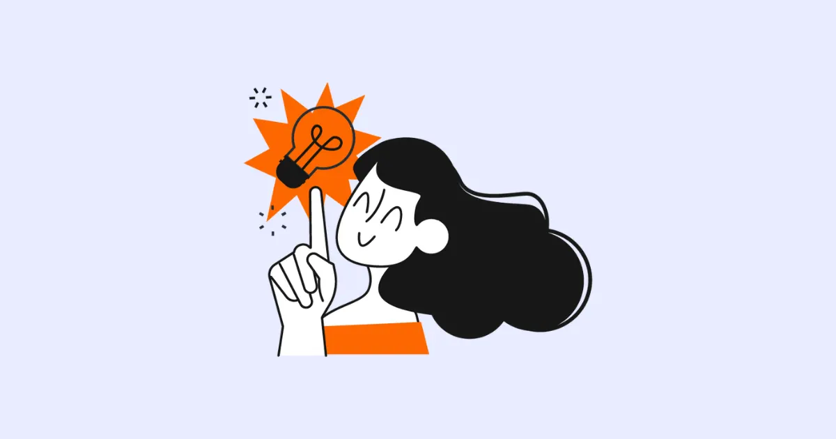 Illustration of a smiling woman pointing up at a glowing orange light bulb