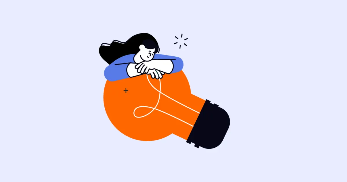Illustration of a woman resting her arms on a large orange light bulb