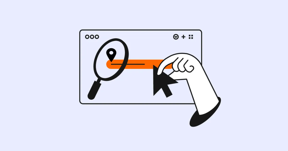 Illustration of a hand clicking a search bar in a browser beside a magnifying glass