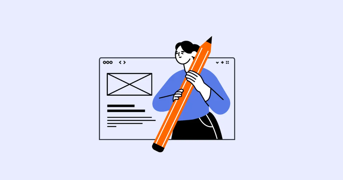 Illustration of a person holding a giant pencil in front of a web page wireframe