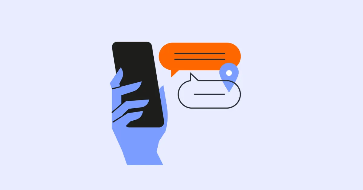 Illustration of a hand holding a phone beside two speech bubbles and a location pin