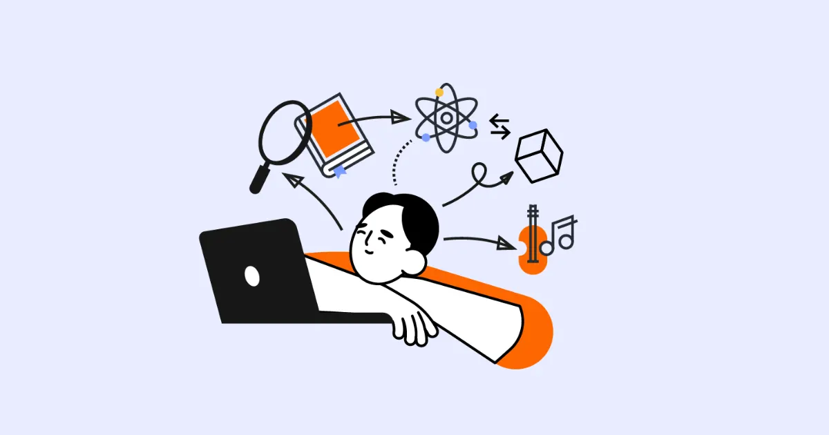 Illustration of a person resting on a laptop, daydreaming about books, science and music