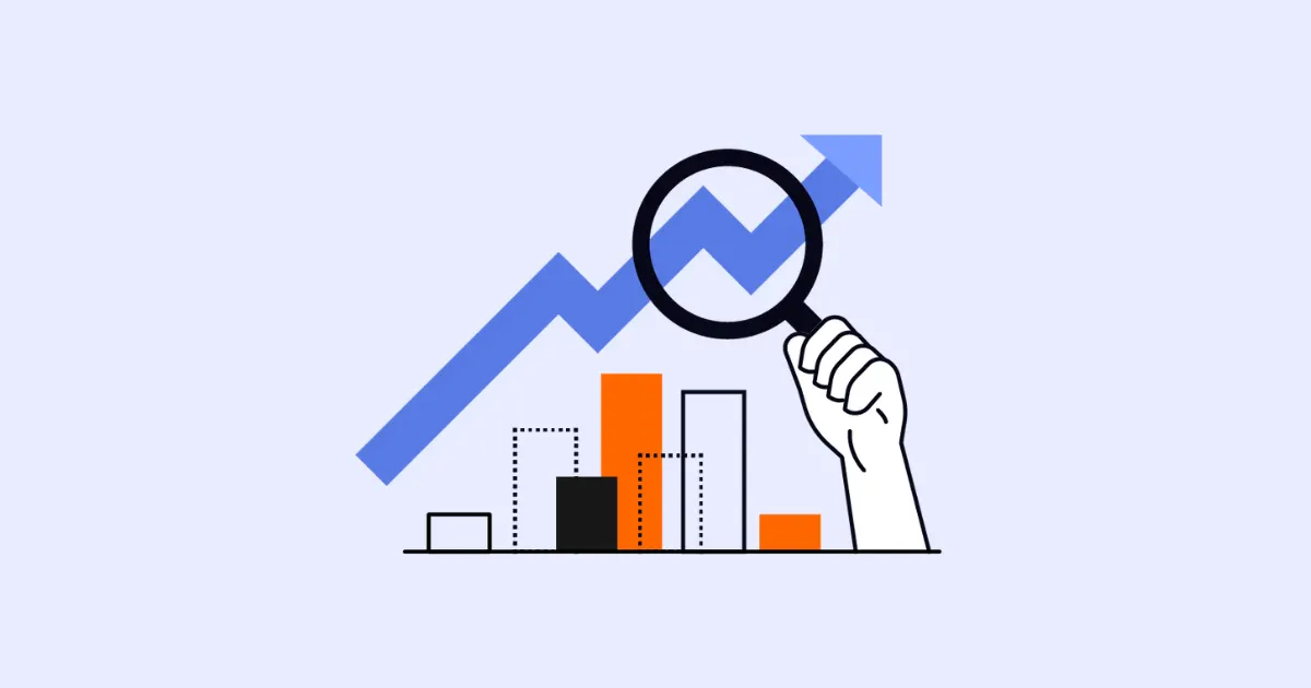 Illustration of a hand holding a magnifying glass over a rising trend line and bar chart