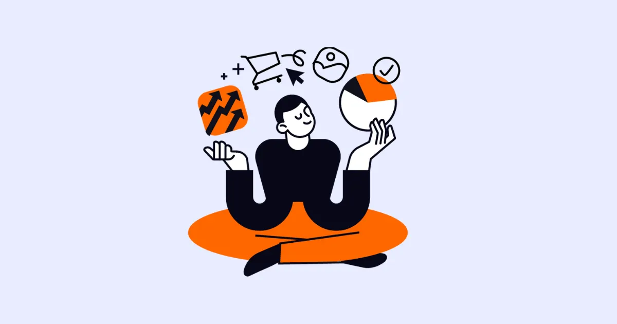 Illustration of a seated man juggling a growth chart, shopping cart, cursor and pie chart icons