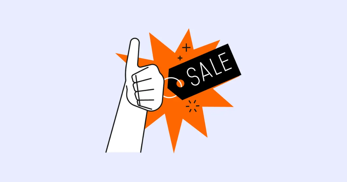 Illustration of a thumbs-up hand holding a black SALE tag on an orange starburst