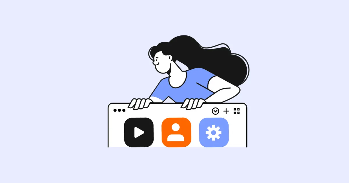 Illustration of a woman leaning over a browser window with play, profile and settings icons