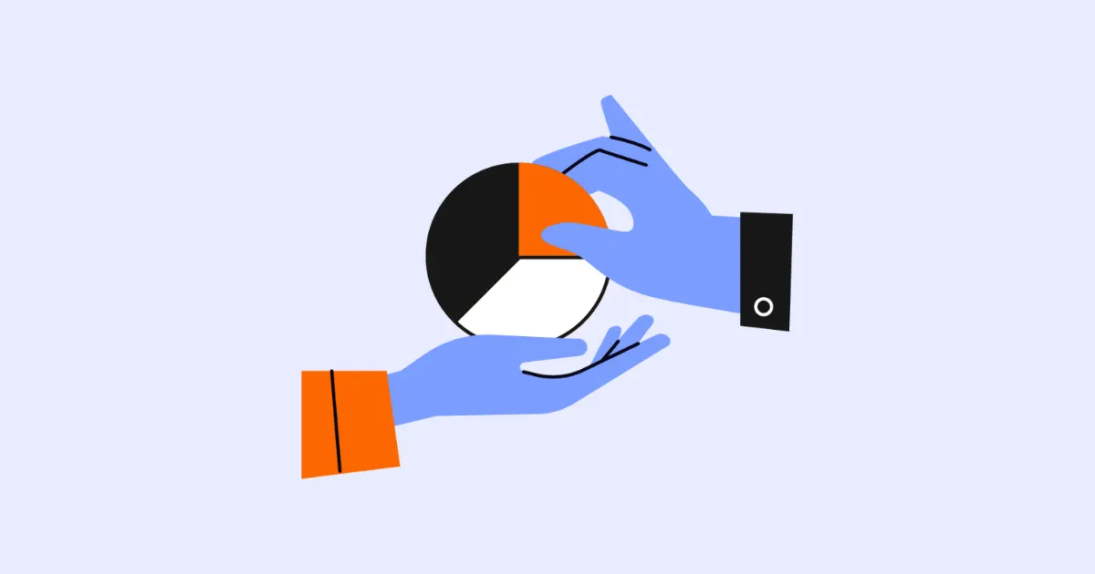 Illustration of two hands holding a pie chart and removing an orange segment