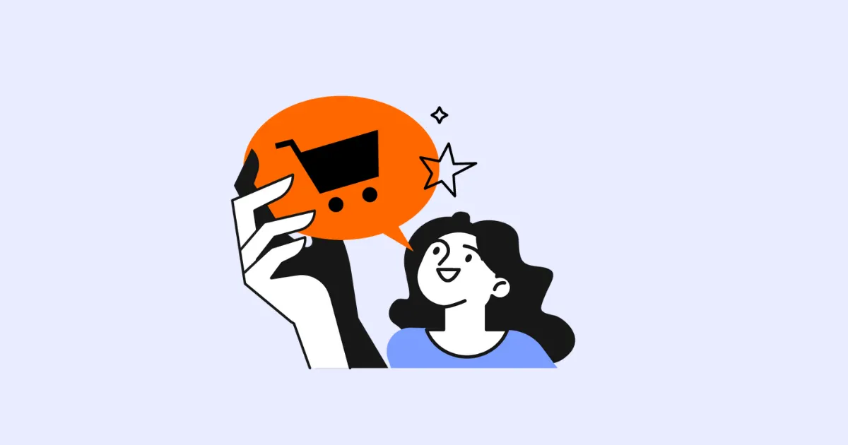 Illustration of a smiling woman beside a hand holding a phone with a shopping cart bubble