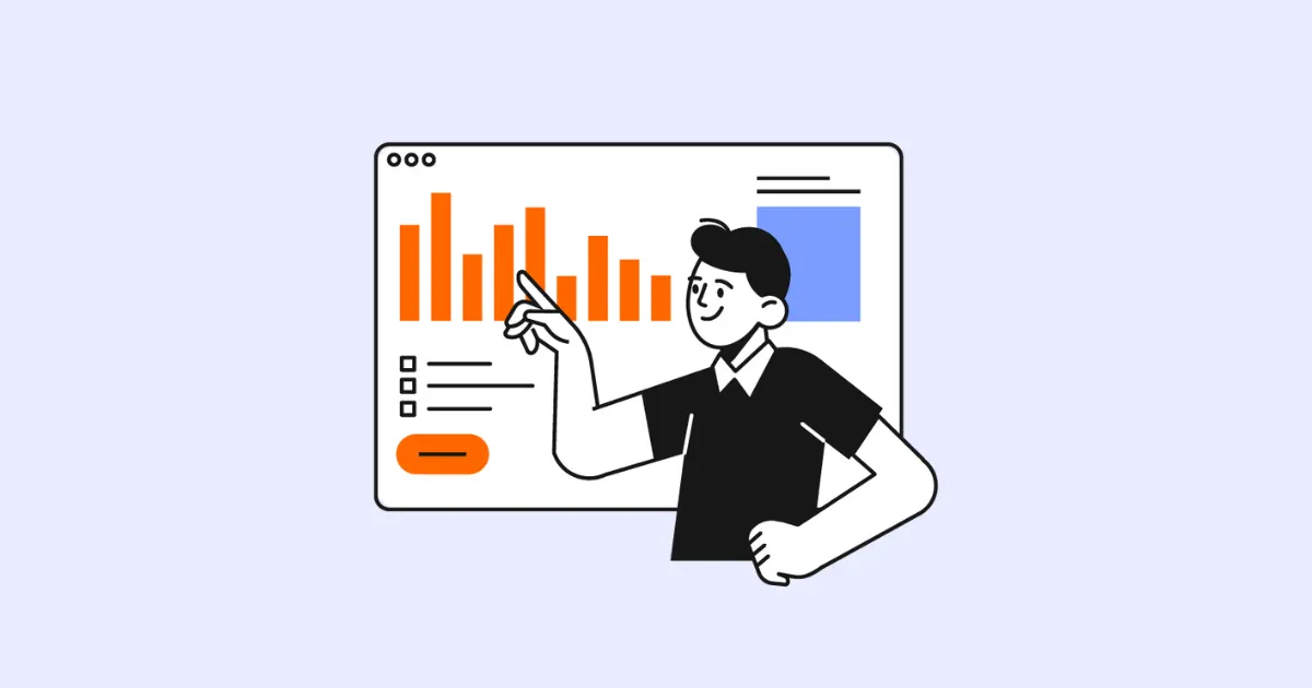 Illustration of a man pointing at a bar chart in a browser window