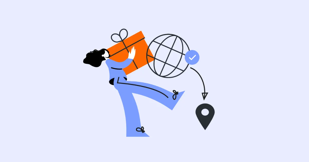 Illustration of a woman carrying a gift box beside a globe and a map location pin