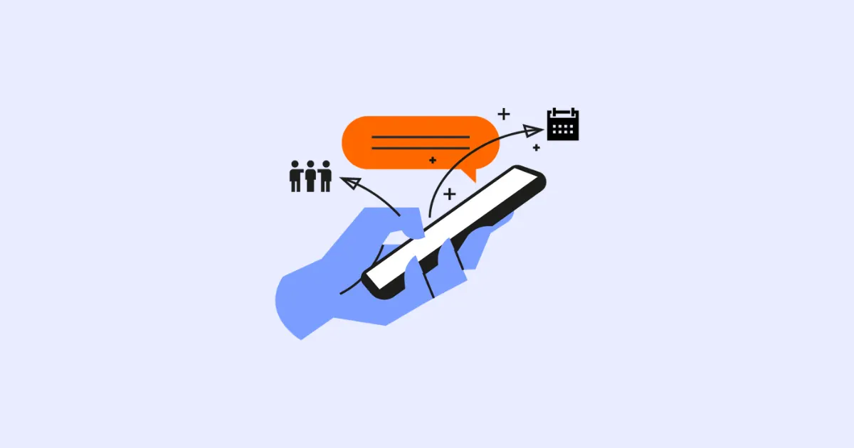 Illustration of a hand holding a phone with speech bubble, people and calendar icons