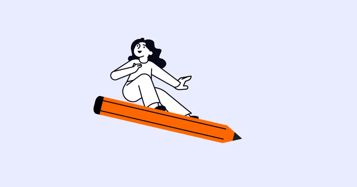 Illustration of a woman riding a large orange pencil like a surfboard