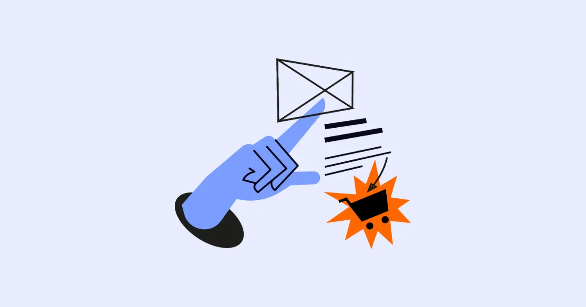 Illustration of a hand pointing at a page wireframe with a shopping cart icon