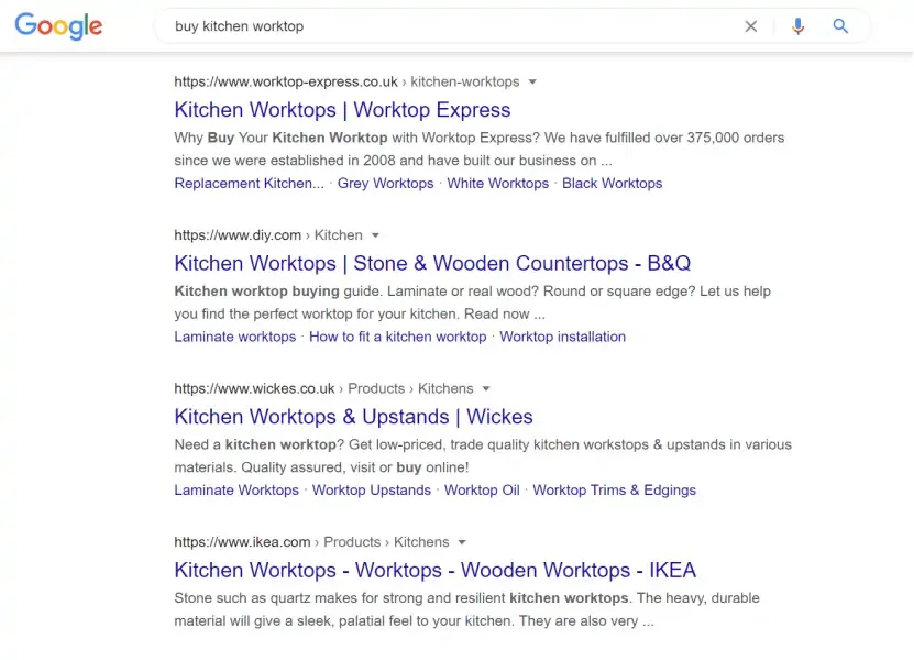Google results for buy kitchen worktop showing Worktop Express, B&Q, Wickes and IKEA