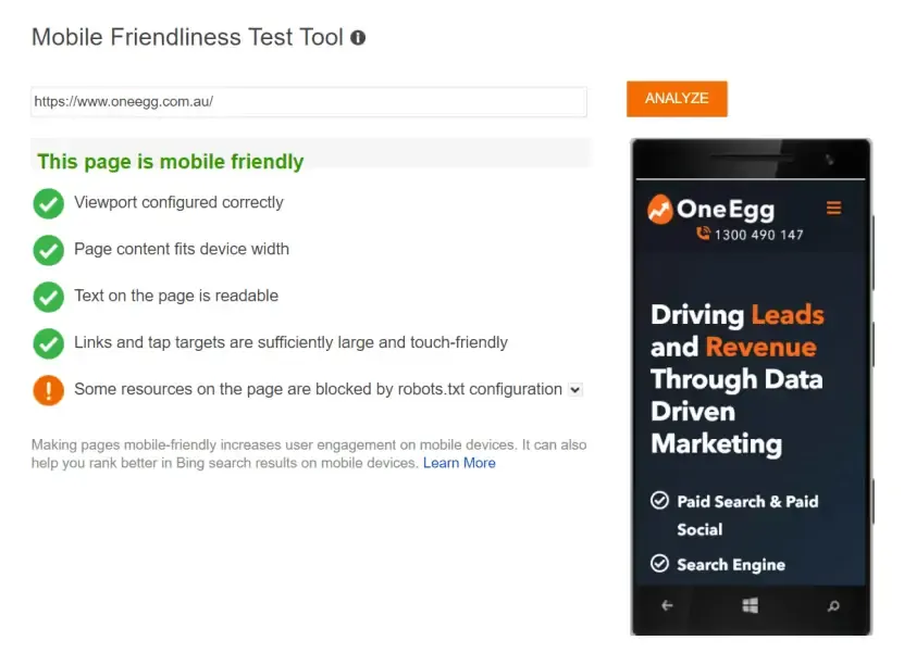 Bing Mobile Friendliness Test Tool showing oneegg.com.au passing as mobile friendly