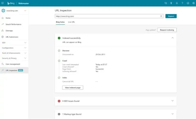 Bing Webmaster URL Inspection tool showing a URL indexed with 6 SEO issues found