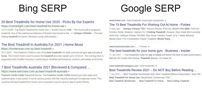 Bing and Google top three results side by side for a best treadmill search