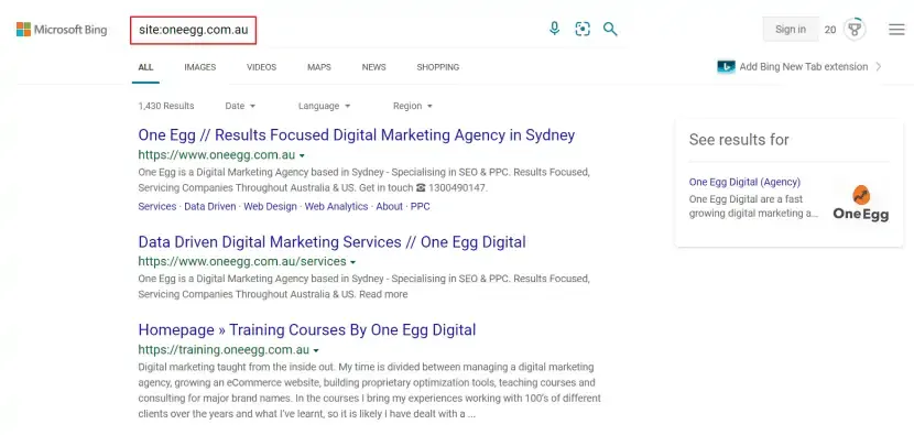 Bing search results for site:oneegg.com.au showing indexed One Egg pages