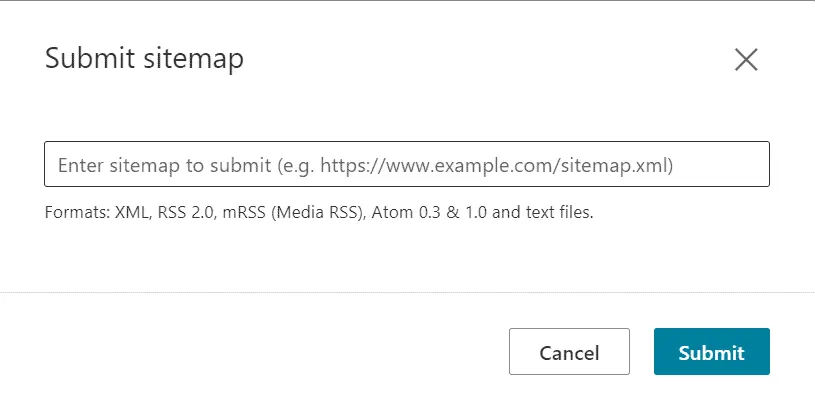 Bing Webmaster Tools Submit sitemap dialog with a field for the sitemap URL