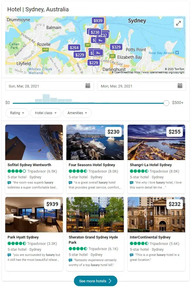 Bing local results for Sydney hotels with a price map and six hotel listings