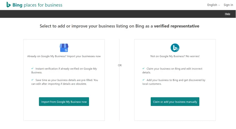 Bing Places for Business page offering Google My Business import or manual listing