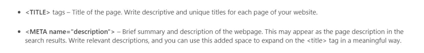 Bing Webmaster Guidelines excerpt on title tags and meta descriptions