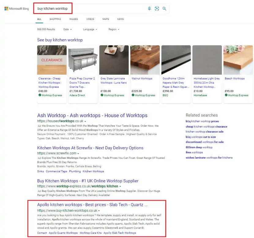 Bing results for buy kitchen worktop with an exact-match domain ranked first organically