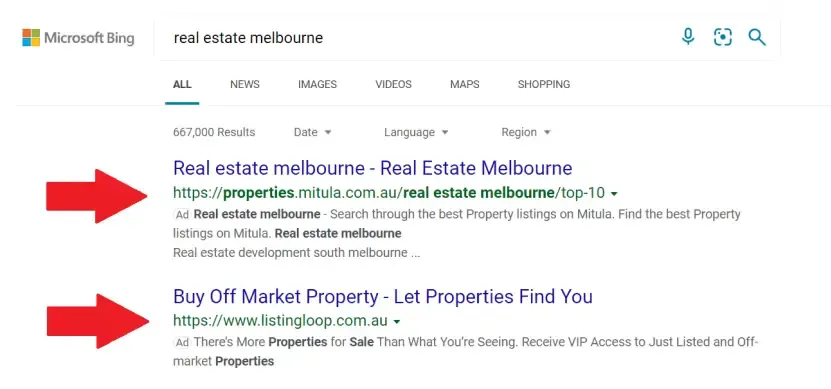 Bing search results for real estate melbourne with red arrows marking two paid ads