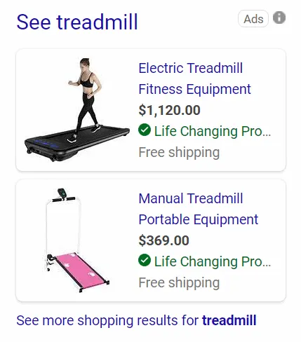 Bing shopping ads for treadmills showing product images, prices and free shipping