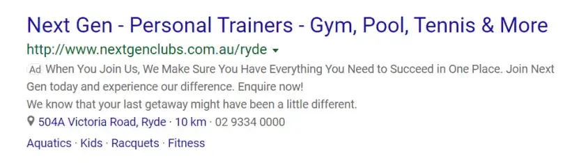Bing expanded text ad for Next Gen clubs showing headline, URL, ad copy and location