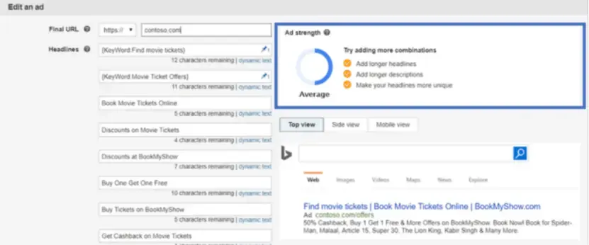 Microsoft Advertising responsive search ad editor with headline fields and ad strength rating