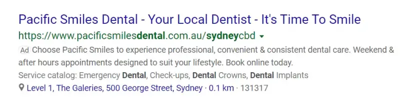 Bing dynamic search ad for Pacific Smiles Dental with service catalogue and Sydney address