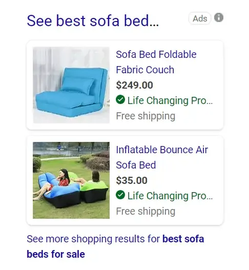 Bing product ads for sofa beds showing product images, prices and free shipping