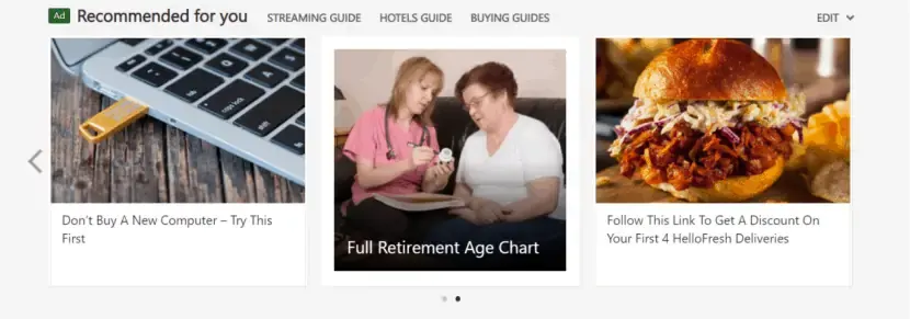 Recommended for you carousel of three native ad cards, an example of Microsoft Audience Ads
