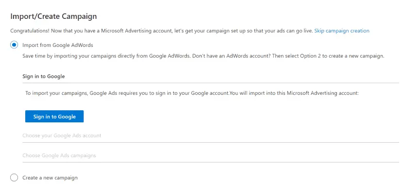 Microsoft Advertising Import/Create Campaign screen with Import from Google AdWords selected