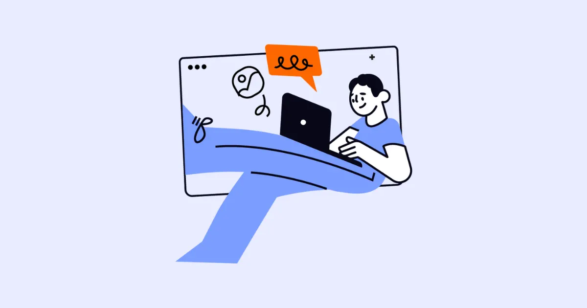 Illustration of a remote worker on a laptop inside a browser window with a chat bubble