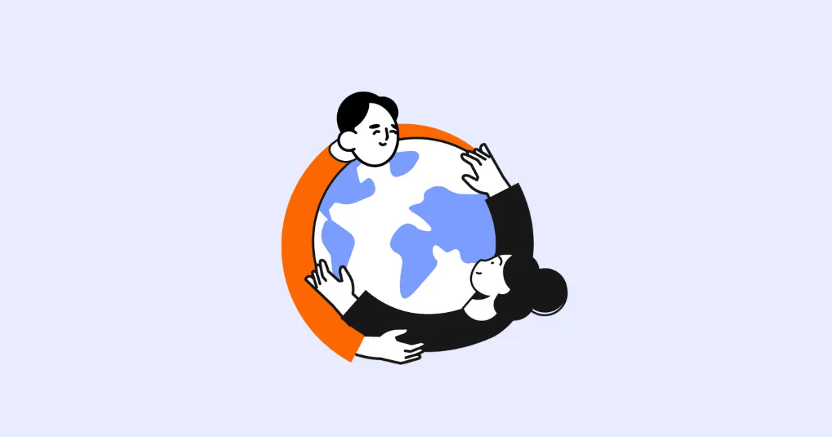Illustration of two people hugging a globe from opposite sides