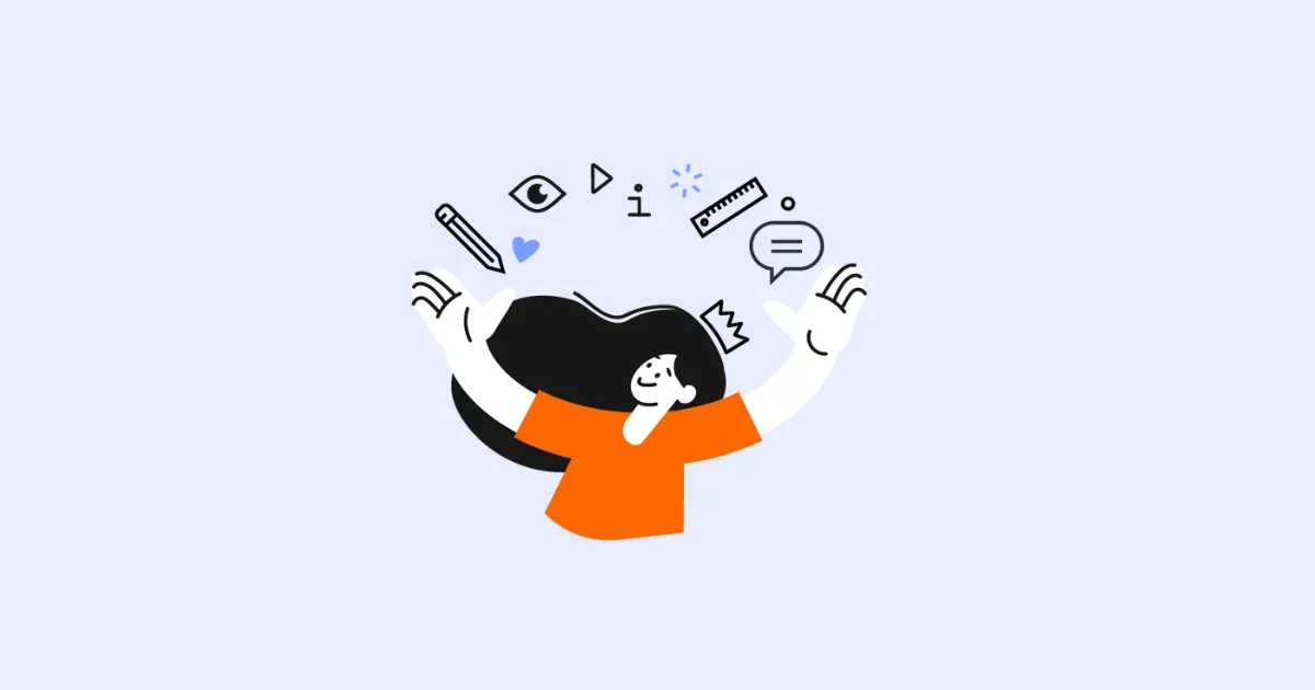 Illustration of a person with raised arms juggling pencil, eye, ruler and speech bubble icons